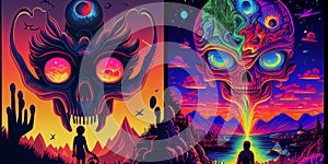 Psychedelic trippy alien cartoon 70s, rave style, acid color. Retrowave concept. AI Generative