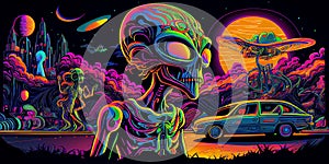 Psychedelic trippy alien cartoon 70s, rave style, acid color. Retrowave concept. AI Generative