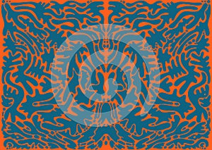 Psychedelic trippy colorful fractal, aquamarine color ornament, on orange background. Decorative fentesy pattern. Vector shamanic