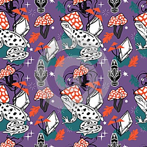 Psychedelic trippy seamless pattern with magic frogs in mushroom hats. Vector cartoon character illustration design