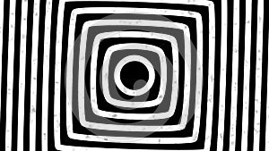 Psychedelic twisting circles. Round striped black white lines. Swirling hypnotic rotating abstraction. Op art effect