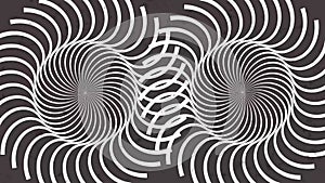 Psychedelic twisting circles. Round striped black white lines. Swirling hypnotic rotating abstraction. Op art effect