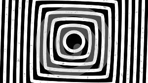 Psychedelic twisting circles. Round striped black white lines. Swirling hypnotic rotating abstraction. Op art effect, optical illu