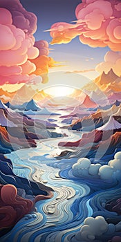 Psychedelic Water Landscape With Intricate Mountain