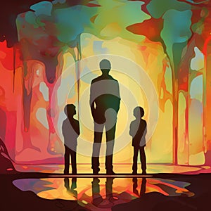 Psychedelic Water Reflection: Father And Son Silhouette Illustration