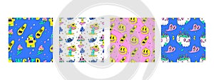 Psychedelic weird comic characters 80s hipster seamless patterns. Trendy trippy mushroom, skull and crazy eyes vector background