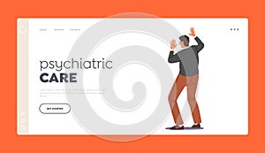 Psychiatric Care Landing Page Template. Scared Character with Raised Hands Afraid of Something, Protecting from Beatings