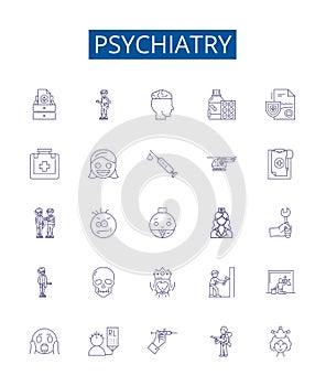 Psychiatry line icons signs set. Design collection of Psychiatry, Mental, Health, Disorders, Medication, Treatment