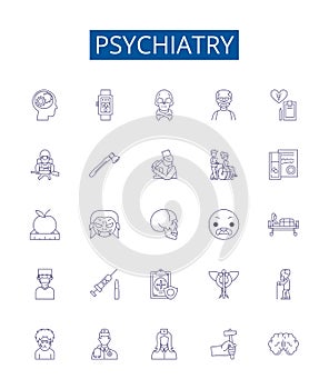 Psychiatry line icons signs set. Design collection of Psychiatry, Mental, Health, Disorders, Medication, Treatment