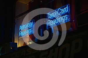 Psychic reader neon signs at night, Manhattan, New York