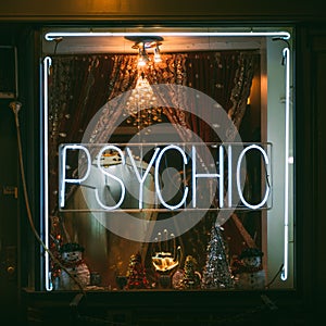 Psychic sign at night, in the West Village, New York City