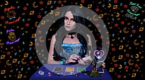 Psychic Tarot Card Reader With Neon Signs