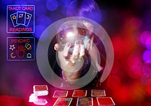 Psychic Tarot Card Reader With Neon Signs