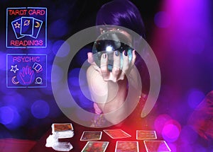 Psychic Tarot Card Reader With Neon Signs