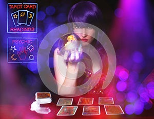 Psychic Tarot Card Reader With Neon Signs