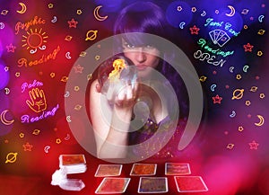 Psychic Tarot Card Reader With Neon Signs