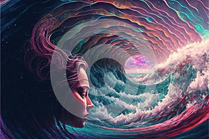 Psychic waves experimentation, psychedelia, and bold mental, emotional, and spiritual Journey illustration generative ai photo