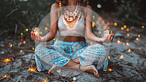 Psychic women meditate and practice yoga in a spiritual setting surrounded by mystical bokeh lights