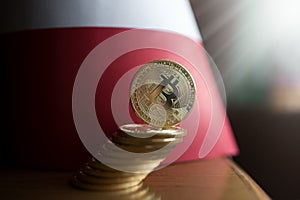 Psychical golden bitcoin stand in front of the Polish flag