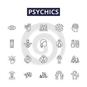 Psychics line vector icons and signs. Clairvoyants, Mediums, Fortune-tellers, Seers, Diviners, Crystal-gazers photo