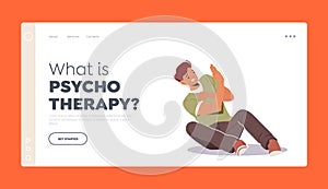 Psycho Therapy Landing Page Template. Fear, Panic Attack Concept. Man Protecting from Something with Hands Sit on Floor