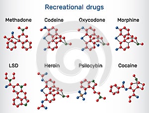 Psychoactive drugs: lysergic acid diethylamide LSD, oxycodone, heroin, codeine, methadone, morphine, cocaine, psilocybin. photo
