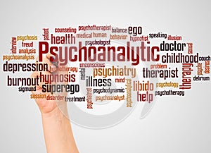 Psychoanalytic word cloud and hand with marker concept