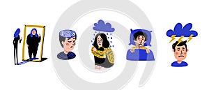 Psycholigy. Set of men and women with psychological problems on white background. Mental disorders, illnesses