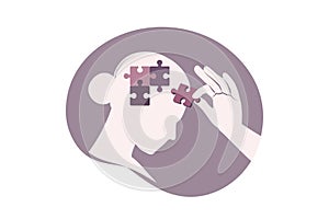 Psychologic therapy session concept. Helping hand adds missing jigsaw puzzle pieces. Woman with mental disorder, anxiety and