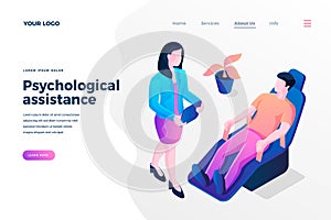 Psychological assistance isometric landing page template female psychologist consulting patient in office