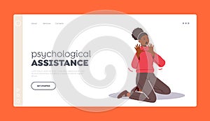 Psychological Assistance Landing Page Template. Scared African Woman Sit on Floor Afraid and Protecting from Something