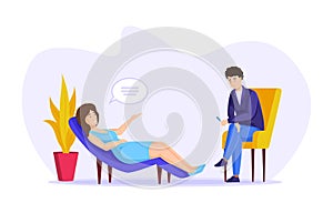 Psychological care therapy. Depressed female patient talking lying on couch consulting to male psychologist. Doctor listening