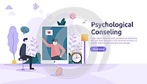 Psychological counseling concept illustration. Psychotherapy practice, psychiatrist consulting patient with people character.