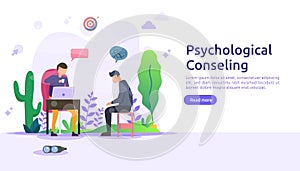 Psychological counseling concept illustration. Psychotherapy practice, psychiatrist consulting patient with people character.