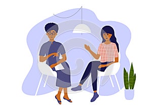 Psychological help concept with sad woman and psychologist talking sitting on chairs