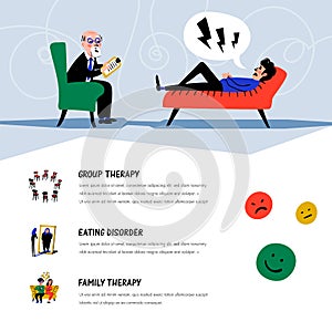 Psychological help. Doctor and patient, a man lying on sofa and talking to therapist. Web banner on theme of psychology