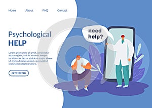 Psychological help online or hotline by phone, psychologist patient vector illustration.