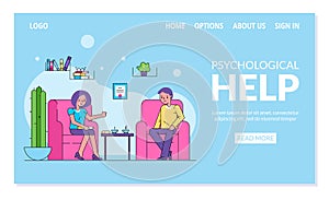 Psychological help website, patient visiting doctor psychotherapist vector illustration.