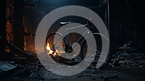 Psychological Horror: Ruined Bicycle In Fiery Studio Lighting