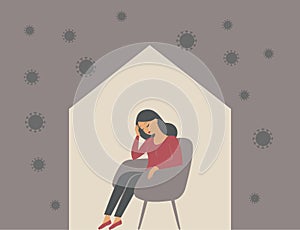 The psychological impact of coronavirus quarantine lockdown. Woman sitting alone inside her house, feeling stress emotion,