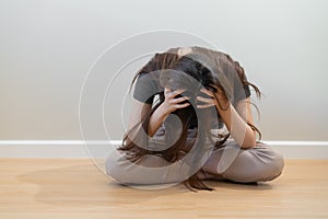 Psychological mental health, depressed asian young woman, girl hiding her face feeling lonely, thinking about problem, worried