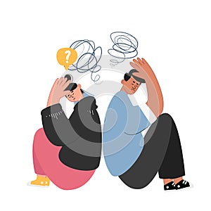 Psychological problems in adolescence. Sad girl and guy sit with their backs to each other. Vector illustration