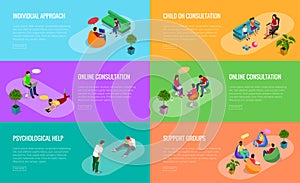 Psychological therapy concept. Coach and support group in individual during psychological therapy. Flat isometric vector