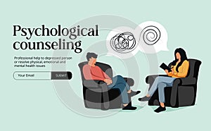 Psychological therapy counseling or online consultaion concept banner. Psycologist provide professional help depressed