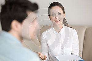 Psychological therapy, female psychotherapist cheering up depres