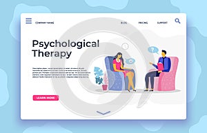 Psychological therapy landing page, depression character and psychotherapist support