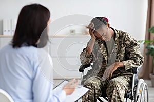 Psychological Therapy For Veterans. Psychologist Lady Having Meeting With Disabled Soldier Woman