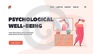 Psychological Well-being Landing Page Template. Female with High Self-esteem. Fat Woman With Distorted Perception