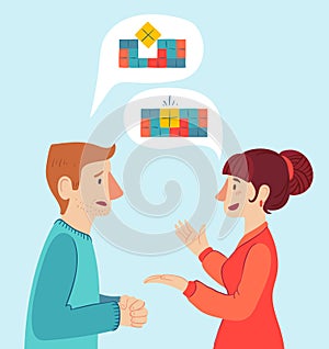 The psychologist and the client. Psychotherapy. Vector illustration. Man and woman talking to find the solution.