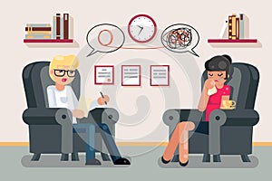 Psychologist consultation solving mental problems interrior woman patient character flat design vector illustration